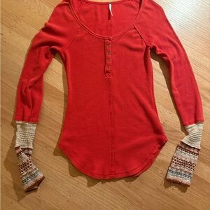 Free People Red Long Sleeve Top with Patterned Cuffs